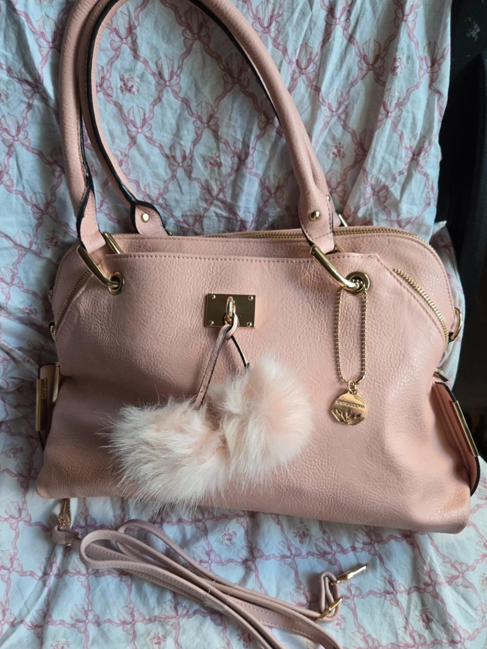 Big Buddha Pink Faux Leather Satchel Handbag with Pom Pom Charm